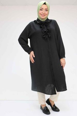 F-58029 Büyük Beden Önü Fırfırlı Düğmeli Keten Gömlek - Siyah