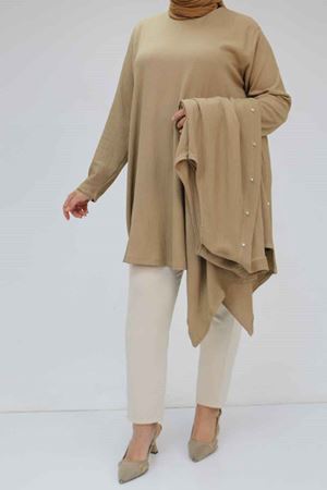 57212 Büyük Beden Yelek-Tunik Taş Detaylı Bürümcük Takım - Vizon