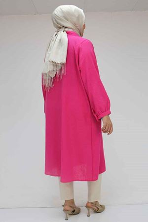 F-58029 Büyük Beden Önü Fırfırlı Düğmeli Keten Gömlek - Fuşya