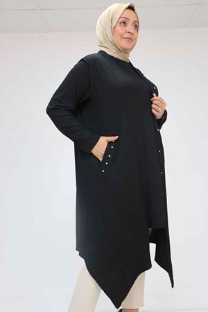 57212 Büyük Beden Yelek-Tunik Taş Detaylı Bürümcük Takım - Siyah