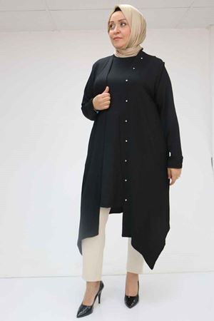 57212 Büyük Beden Yelek-Tunik Taş Detaylı Bürümcük Takım - Siyah