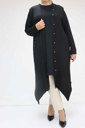 57212 Büyük Beden Yelek-Tunik Taş Detaylı Bürümcük Takım - Siyah