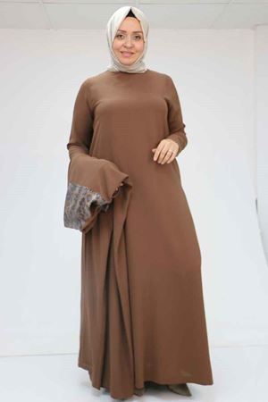 57207 Büyük Beden Garni Detaylı Etamin Elbiseli Abaya - Kahve