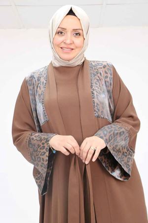 57207 Büyük Beden Garni Detaylı Etamin Elbiseli Abaya - Kahve