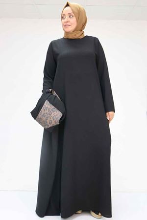 57207 Büyük Beden Garni Detaylı Etamin Elbiseli Abaya - Siyah