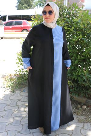 56006 Büyük Beden Yanı Ve  Kolları Garni Detaylı Keten Ferace - İndigo