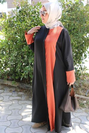 56006 Büyük Beden Yanı Ve  Kolları Garni Detaylı Keten Ferace - Kiremit