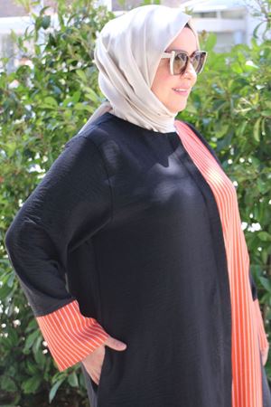 56006 Büyük Beden Yanı Ve  Kolları Garni Detaylı Keten Ferace - Kiremit