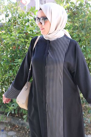 56006 Büyük Beden Yanı Ve  Kolları Garni Detaylı Keten Ferace - Siyah