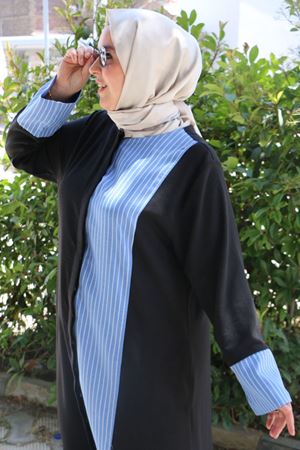 56006 Büyük Beden Yanı Ve  Kolları Garni Detaylı Keten Ferace - İndigo