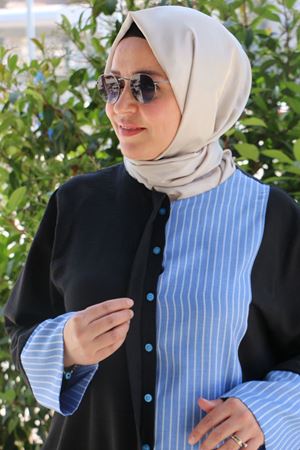 56006 Büyük Beden Yanı Ve  Kolları Garni Detaylı Keten Ferace - İndigo