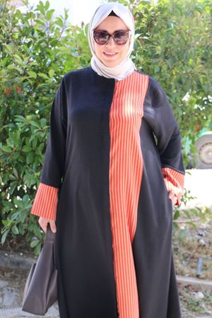 56006 Büyük Beden Yanı Ve  Kolları Garni Detaylı Keten Ferace - Kiremit