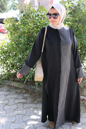 56006 Büyük Beden Yanı Ve  Kolları Garni Detaylı Keten Ferace - Siyah