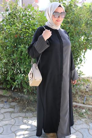 56006 Büyük Beden Yanı Ve  Kolları Garni Detaylı Keten Ferace - Siyah