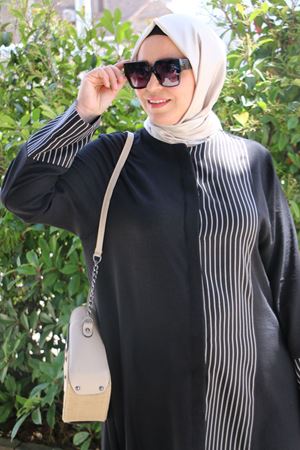 56006 Büyük Beden Yanı Ve  Kolları Garni Detaylı Keten Ferace - Siyah