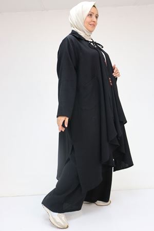 57017 Büyük Beden Torba Cepli Müslin Pantolonlu Takım - Siyah