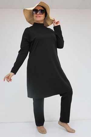 1738 Büyük Beden Uzunkol Tesettür Mayo - Siyah