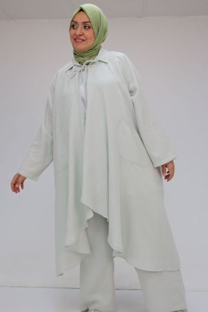 57017 Büyük Beden Torba Cepli Müslin Pantolonlu Takım - Açık Gri