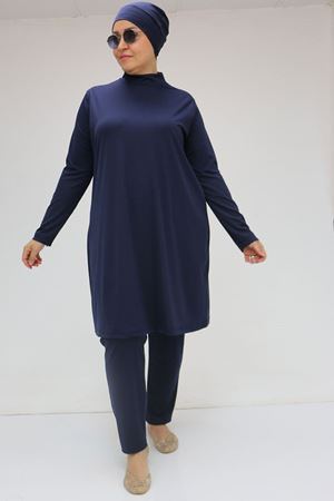 1738 Büyük Beden Uzunkol Tesettür Mayo - Lacivert