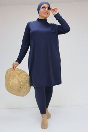 1737 Büyük Beden Uzunkol Tesettür Mayo - Lacivert