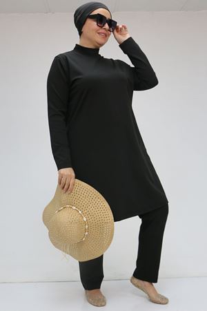 1738 Büyük Beden Uzunkol Tesettür Mayo - Siyah