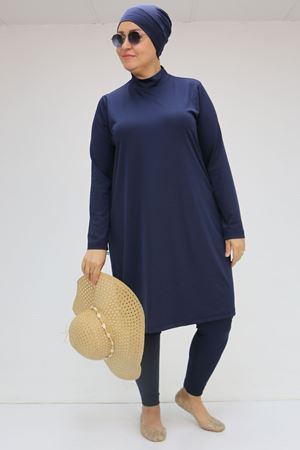 1737 Büyük Beden Uzunkol Tesettür Mayo - Lacivert