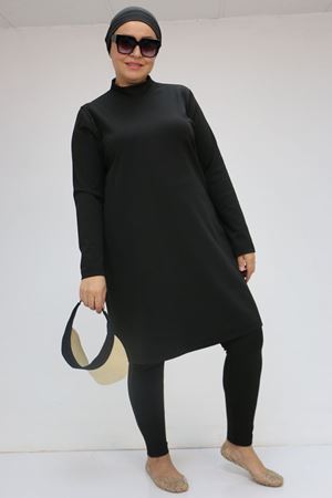 1737 Büyük Beden Uzunkol Tesettür Mayo - Siyah