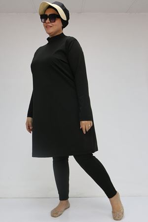 1737 Büyük Beden Uzunkol Tesettür Mayo - Siyah