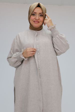 57025 Büyük Beden Kolları Bebe Lastikli Hakim Yaka Etamin Pantolonlu Takım - Kahve