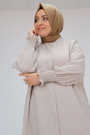 57025 Büyük Beden Kolları Bebe Lastikli Hakim Yaka Etamin Pantolonlu Takım - Kahve