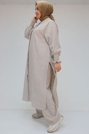 57025 Büyük Beden Kolları Bebe Lastikli Hakim Yaka Etamin Pantolonlu Takım - Kahve