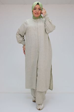 57025 Büyük Beden Kolları Bebe Lastikli Hakim Yaka Etamin Pantolonlu Takım - Haki