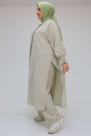 57025 Büyük Beden Kolları Bebe Lastikli Hakim Yaka Etamin Pantolonlu Takım - Haki