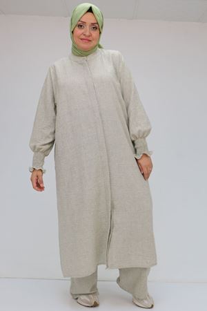 57025 Büyük Beden Kolları Bebe Lastikli Hakim Yaka Etamin Pantolonlu Takım - Haki