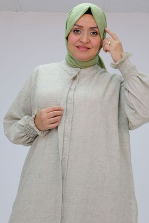 57025 Büyük Beden Kolları Bebe Lastikli Hakim Yaka Etamin Pantolonlu Takım - Haki