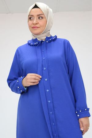 F-58024 Büyük Beden Yaka Ve Kol Manşeti Taşlı Keten Tunik - Saks