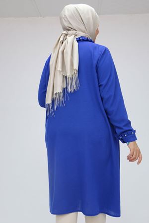 F-58024 Büyük Beden Yaka Ve Kol Manşeti Taşlı Keten Tunik - Saks