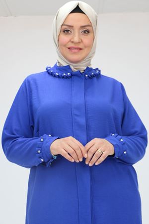 F-58024 Büyük Beden Yaka Ve Kol Manşeti Taşlı Keten Tunik - Saks