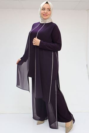 F-47048 Büyük Beden Taş Detaylı Sandy-Şifon Pantolonlu Takım - Mürdüm