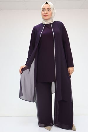 F-47048 Büyük Beden Taş Detaylı Sandy-Şifon Pantolonlu Takım - Mürdüm