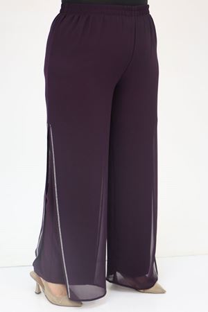 F-47048 Büyük Beden Taş Detaylı Sandy-Şifon Pantolonlu Takım - Mürdüm