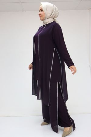 F-47048 Büyük Beden Taş Detaylı Sandy-Şifon Pantolonlu Takım - Mürdüm