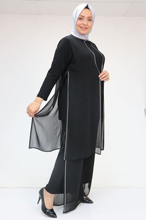 F-47048 Büyük Beden Taş Detaylı Sandy-Şifon Pantolonlu Takım - Siyah