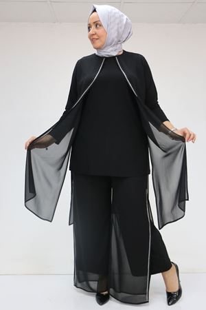 F-47048 Büyük Beden Taş Detaylı Sandy-Şifon Pantolonlu Takım - Siyah