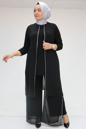 F-47048 Büyük Beden Taş Detaylı Sandy-Şifon Pantolonlu Takım - Siyah