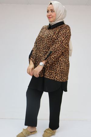 57027 Büyük Beden Erkek Yaka Kombinli Pantolonlu Bürümcük Takım - Siyah-Leopar