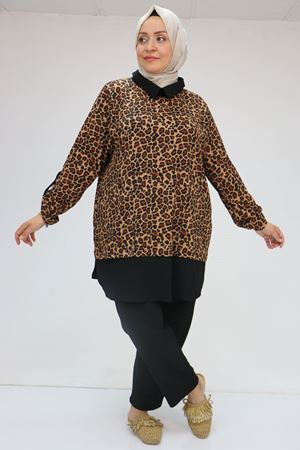 57027 Büyük Beden Erkek Yaka Kombinli Pantolonlu Bürümcük Takım - Siyah-Leopar