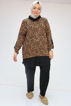 57027 Büyük Beden Erkek Yaka Kombinli Pantolonlu Bürümcük Takım - Siyah-Leopar