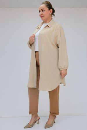 59008 Büyük Beden Beli Lastikli Duble Paça Pantolon - Taba