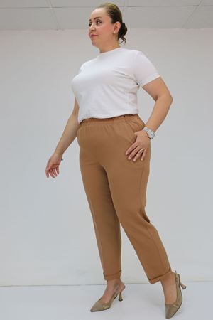 59008 Büyük Beden Beli Lastikli Duble Paça Pantolon - Taba